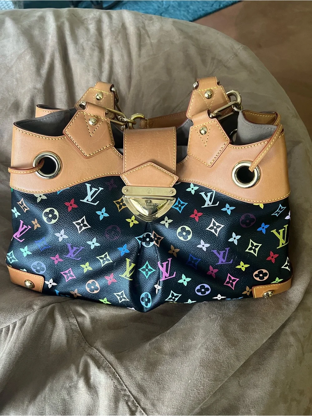 Louis Vuitton Ursela- Black Multicolor Monogram Shoulder Bag with Tan Trim - Picture 3 of 13